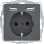 HAGER Q.X Moduł Antracyt Aksamit Gniazdo 1xZ/U SCHUKO 2xUSB 2.4A Zaciski Sprężynowe 16A-230V